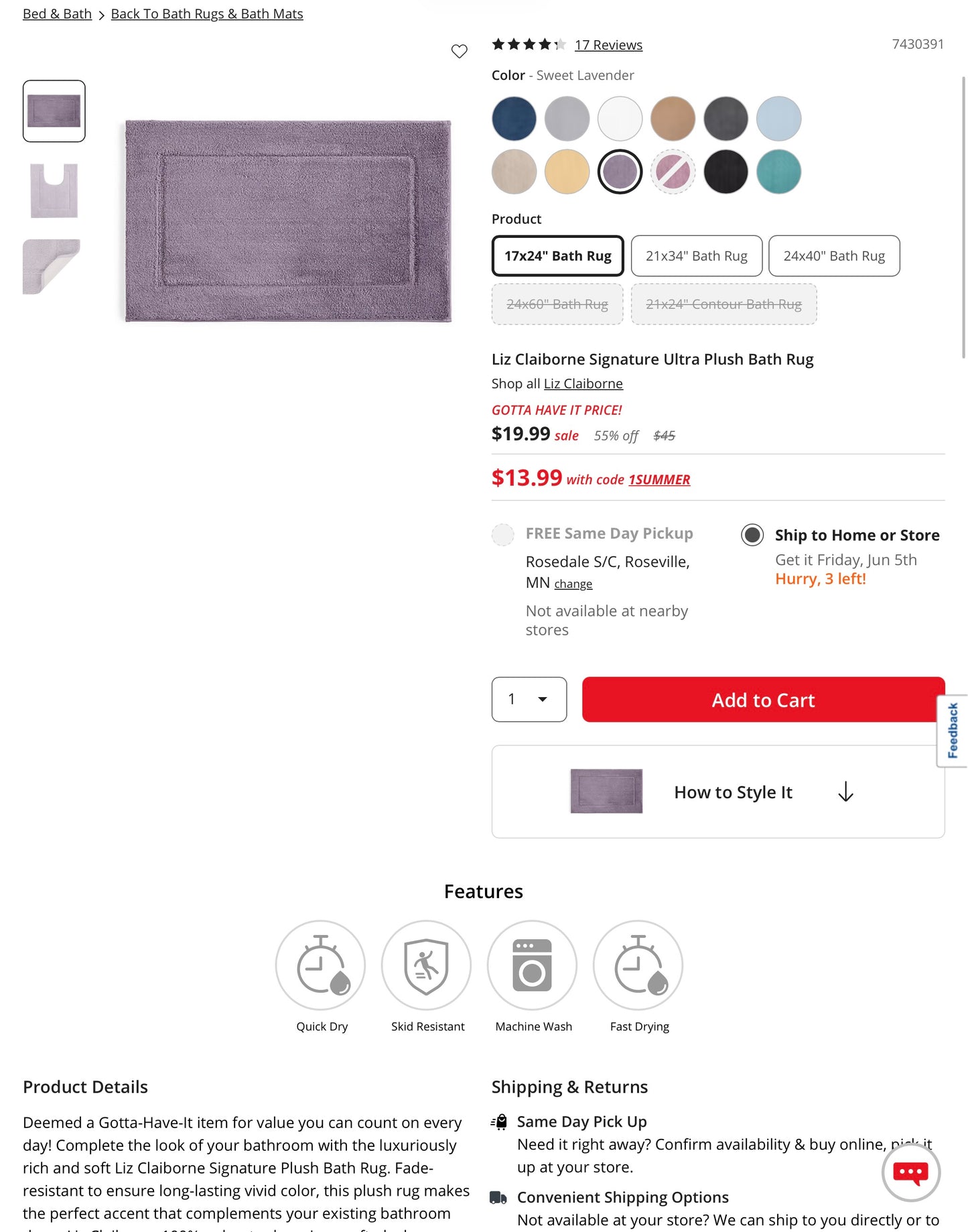 Liz Claiborne Signature Ultra Plush Bath Rug - Sweet Lavender - 24”X17”