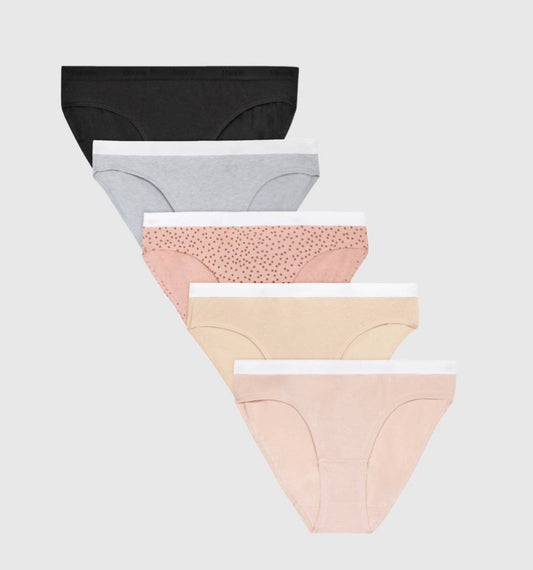 Hanes Originals Girls' Stretch Bikinis in a 5-pack with assorted colors and patterns size 6
