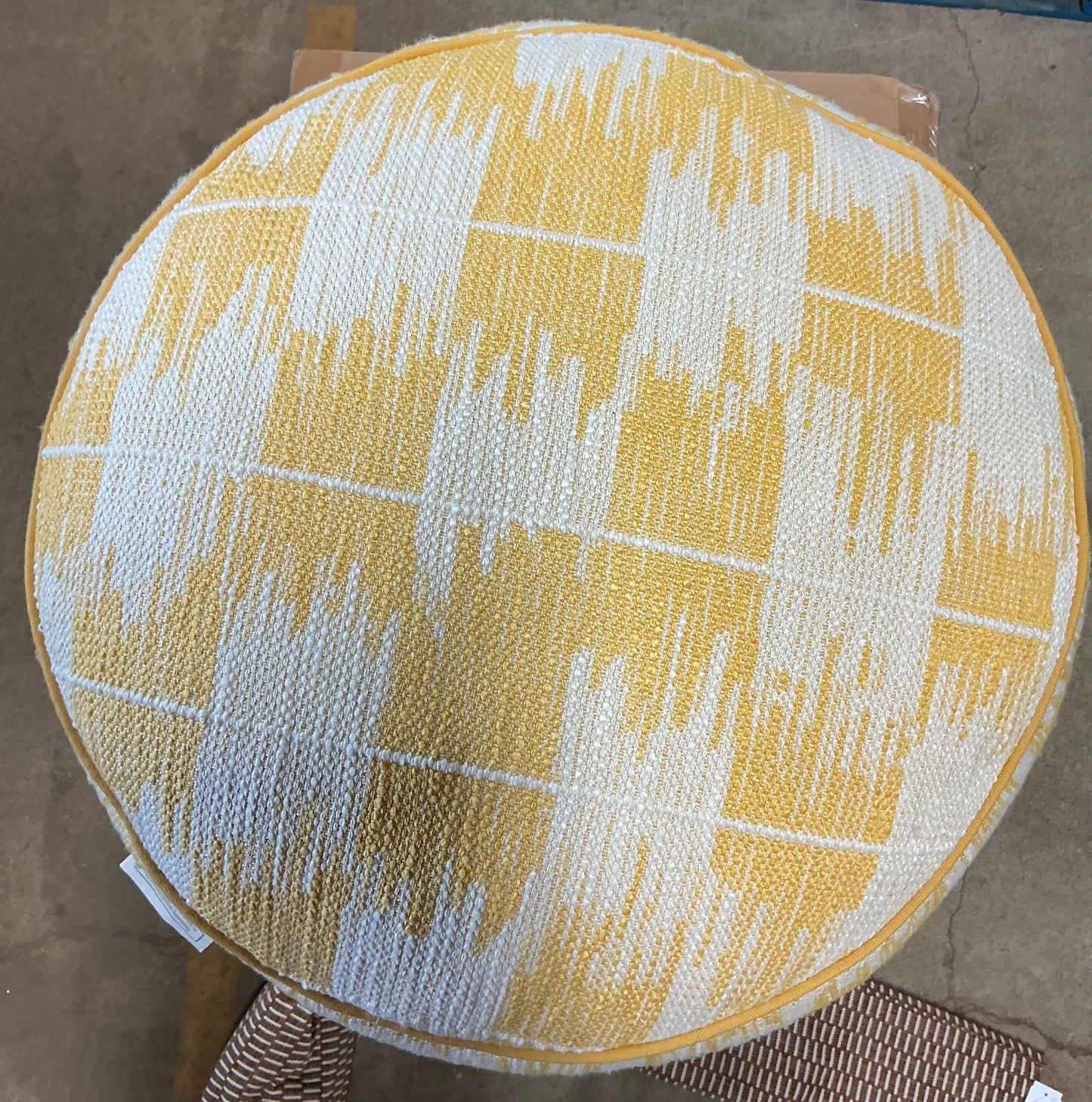 14x20” Ikat woven round pouf -yellow/ivory - PICK UP ONLY