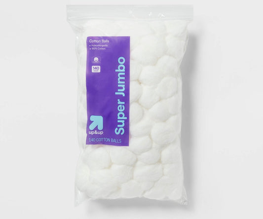 Up&Up brand Super Jumbo cotton balls containing 140 pieces per pack