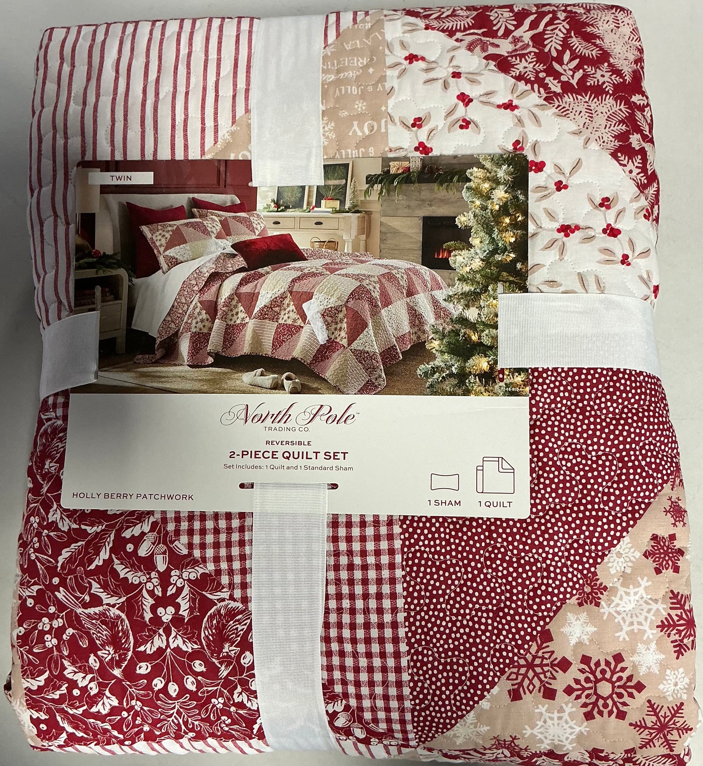 Holly Berry Patchwork reversible 2 Pieces Quilt Set Twin-Included(1 Quilt and 1 Sham)-Rumba Red