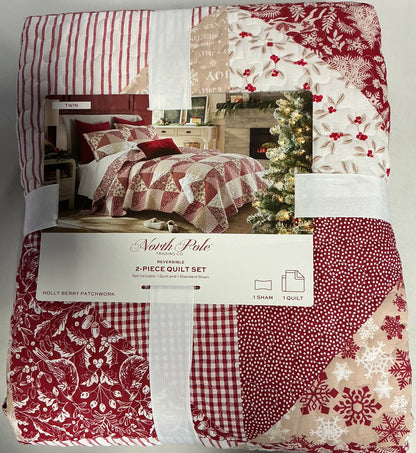 Holly Berry Patchwork reversible 2 Pieces Quilt Set Twin-Included(1 Quilt and 1 Sham)-Rumba Red
