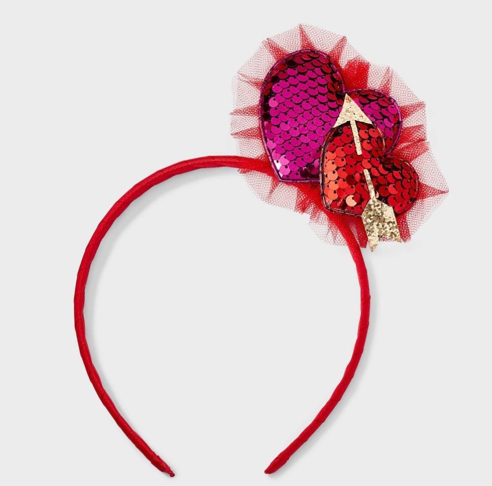 Red sequin heart headband with tulle and arrow details