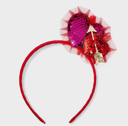 Red sequin heart headband with tulle and arrow details
