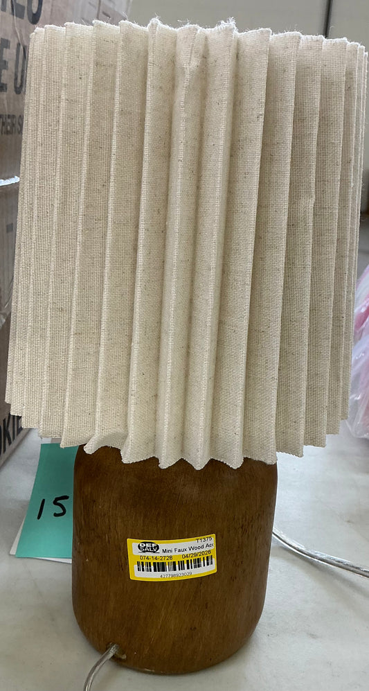 Mini Faux-Wood Lamp with a pleated beige shade