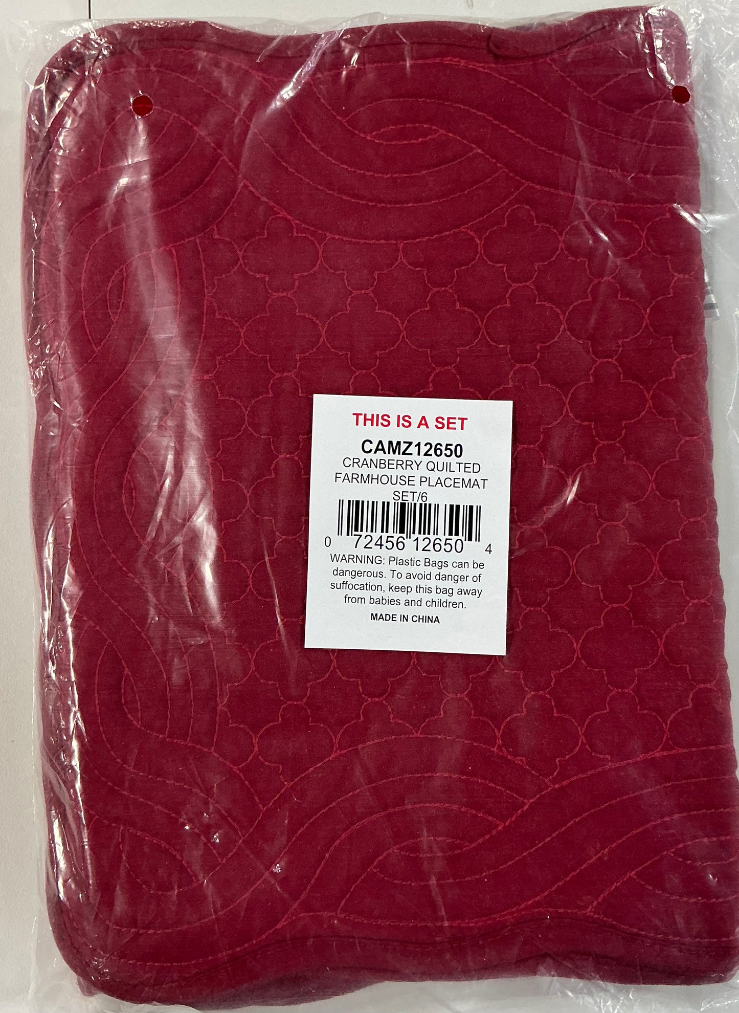 Design Imports Quilted Farmhouse 6 Pieces Placemats 13”x18”-Cranberry Red