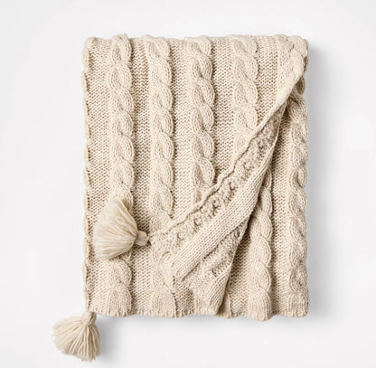 Knit tassel braided throw ivory - 50x60” - SOME KNOTS LOOSE