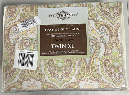 Pointehaven Cotton Heavy Weight 170 GSM Printed Flannel 3 Pieces Sheet Set-Included(1 Pillowcase,1 Fitted Sheet,1 Flat Sheet)-Color(Paisley Sage)