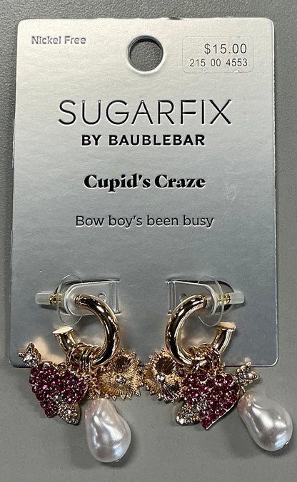 SUGARFIX by BaubleBar "Cupid's Craze" earring set, featuring gold-toned hoop earrings adorned with pink crystal hearts and faux pearl dangles(clearance)