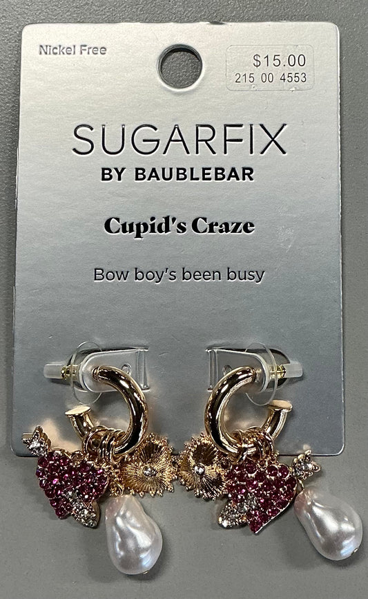 SUGARFIX by BaubleBar "Cupid's Craze" earring set, featuring gold-toned hoop earrings adorned with pink crystal hearts and faux pearl dangles