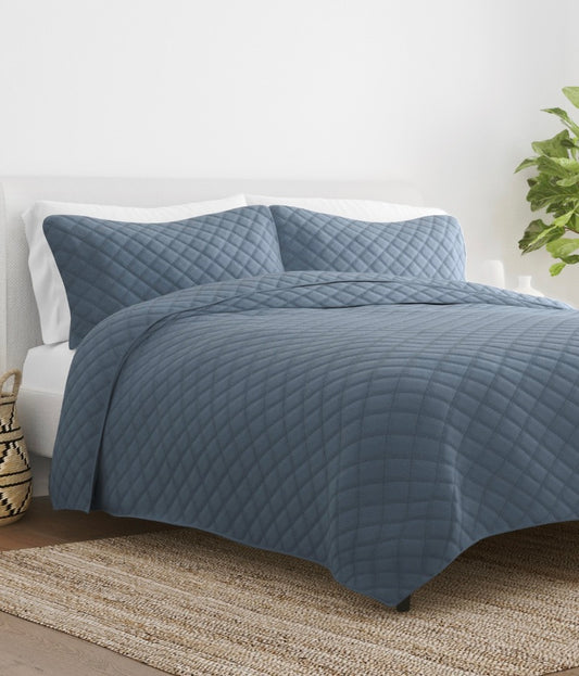 3-piece premium super soft quilt set in dark blue FULL/QUEEN