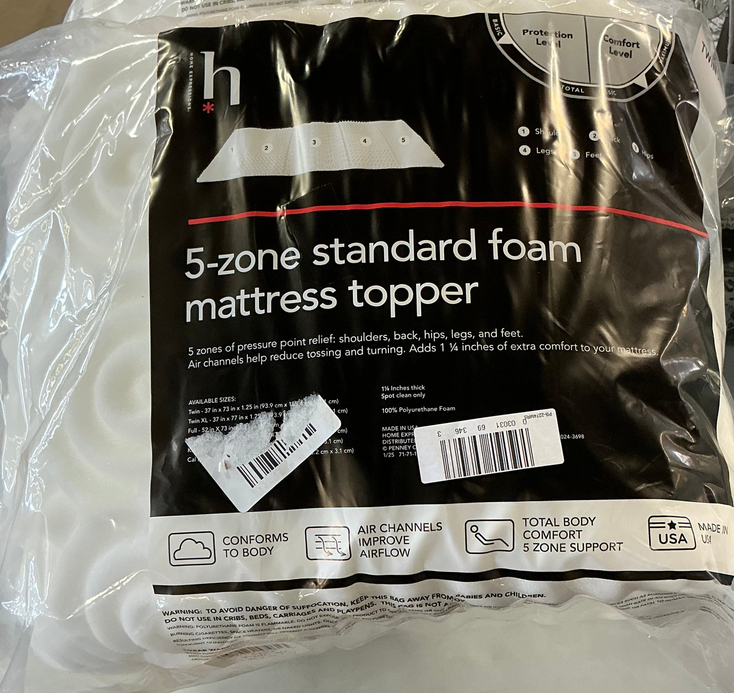 Home Expressions 5-Zone Standard Foam Mattress Topper TwinXL-Measurements(37” Length/77” Width)