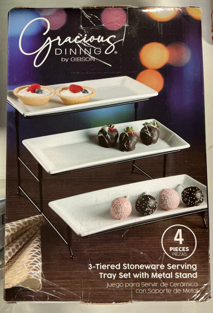 Gracious Dinning 4 piece, 3-Tiered Stoneware Serving Tray Set with Metal Stand - Open Box