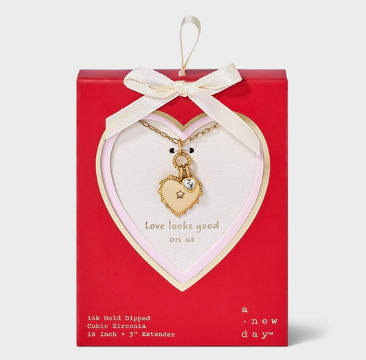 14k gold-dipped heart locket necklace with cubic zirconia accent
