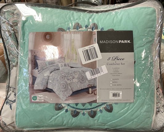 Madison Park Loleta 8 Pieces Midweight Reversible Comforter Set Queen-Blue