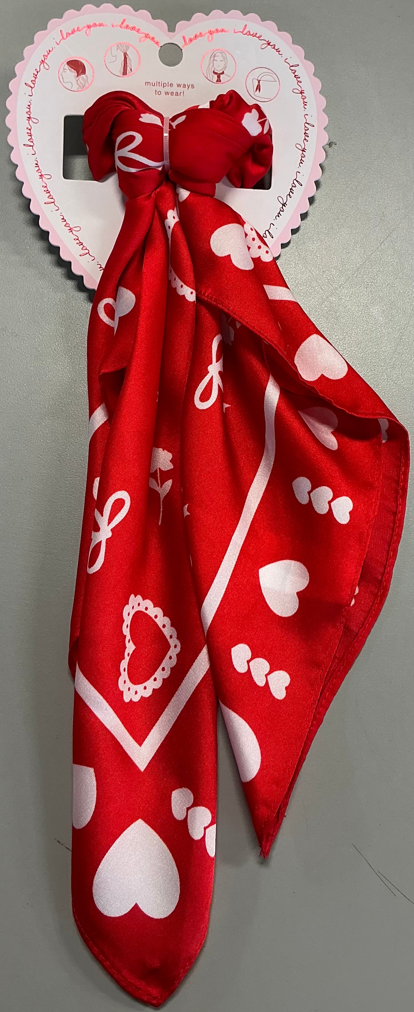 Red silk-feel headscarf bandana featuring a white heart and bow pattern