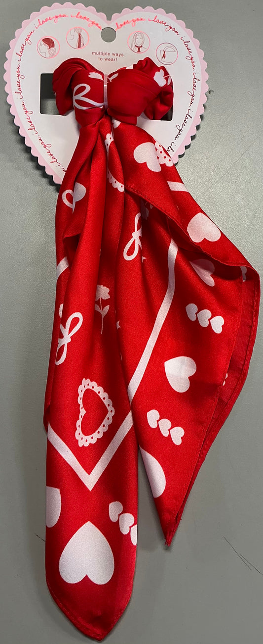 Red silk-feel headscarf bandana featuring a white heart and bow pattern