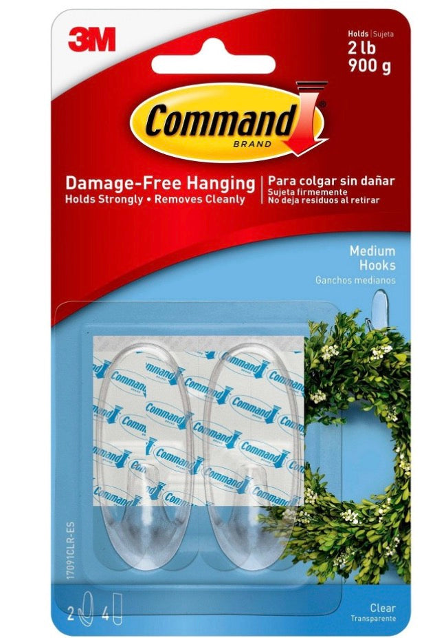 3M Command Medium Clear Hooks designed to hold up to 2 pounds