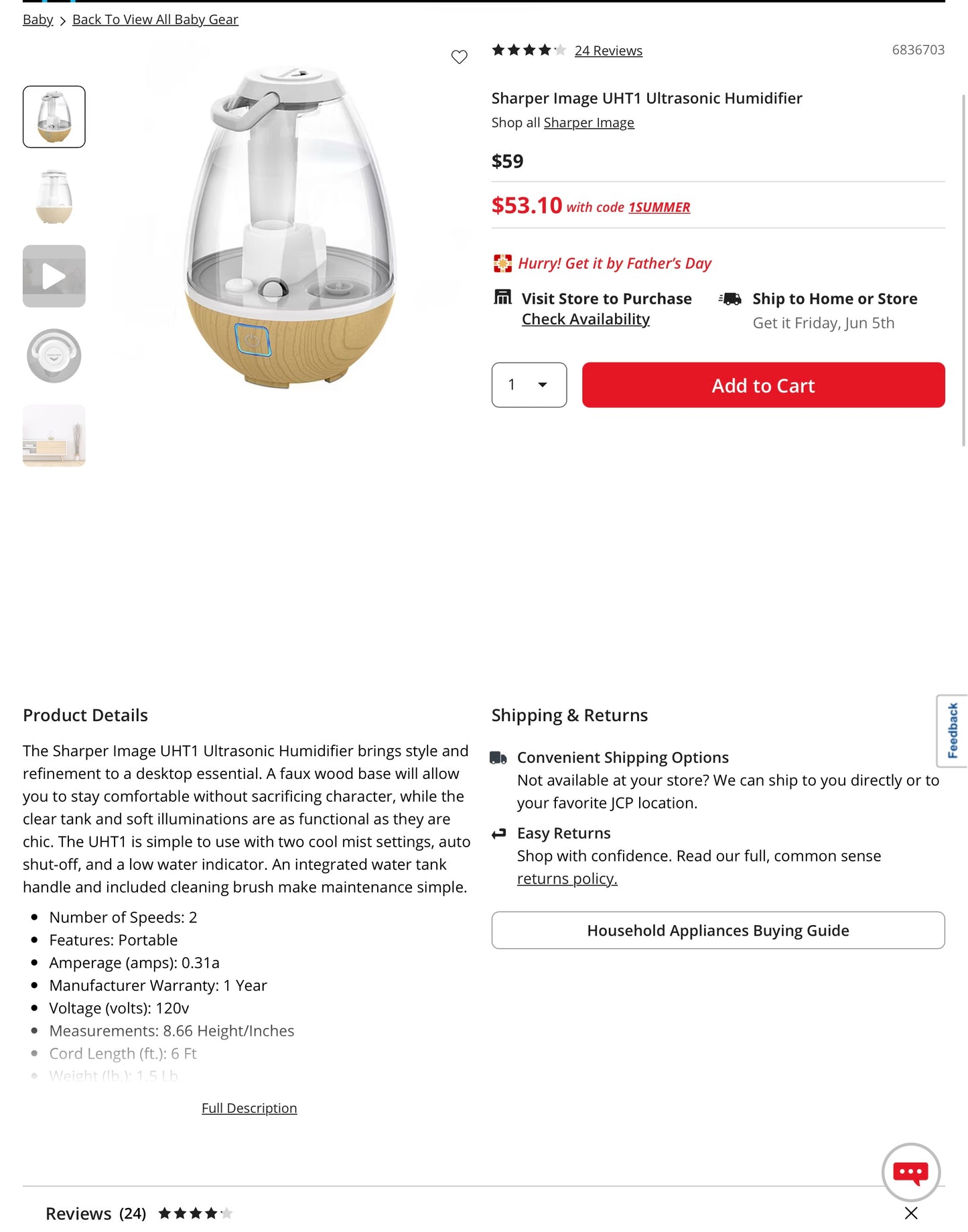 Sharper Image UHT1 Ultrasonic Humidifier