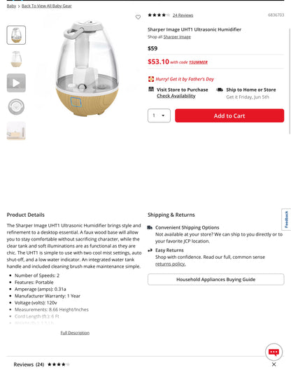 Sharper Image UHT1 Ultrasonic Humidifier