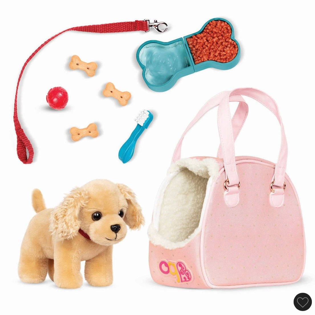 Our Generation hop in dog carrier pet plush puppy for 18” dolls