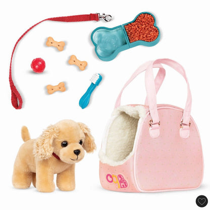 Our Generation hop in dog carrier pet plush puppy for 18” dolls