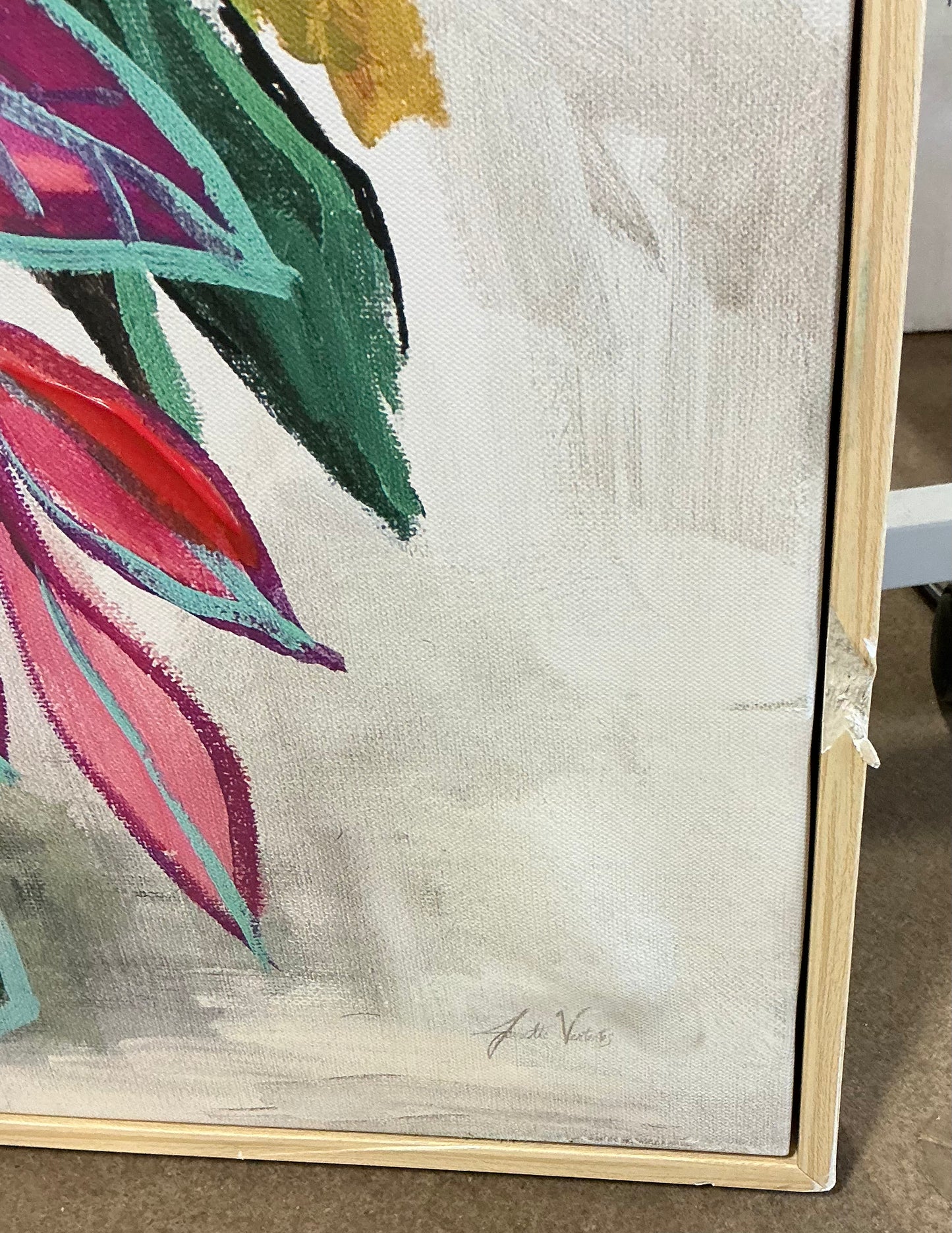24”x30” colorful floral framed canvas natural - AS IS - COSMETIC FLAWS - PICK UP ONLY