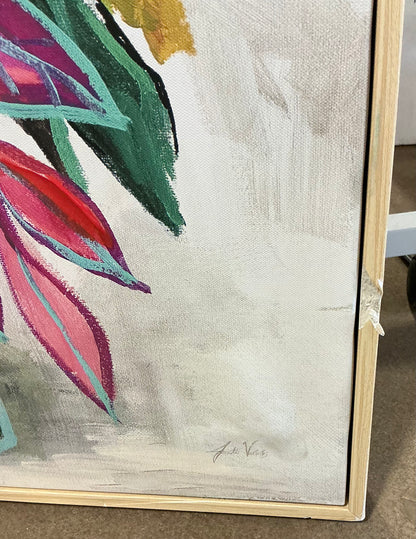 24”x30” colorful floral framed canvas natural - AS IS - COSMETIC FLAWS - PICK UP ONLY