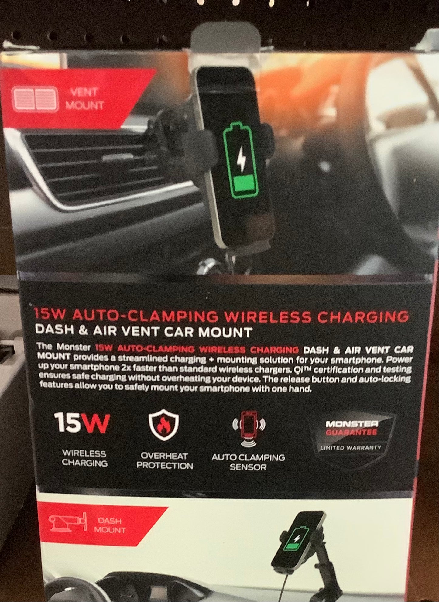 Monster 15Watt Magnetic Wireless Charging Car Mount Dash and Vent Mount