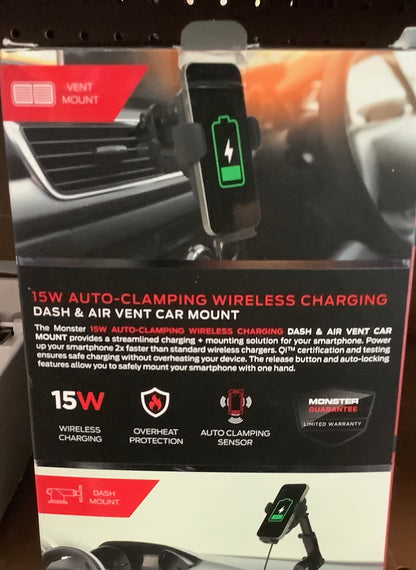 Monster 15Watt Magnetic Wireless Charging Car Mount Dash and Vent Mount