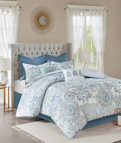Madison Park Loleta 8 Pieces Midweight Reversible Comforter Set Queen-Blue