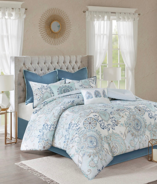 Madison Park Loleta 8 Pieces Midweight Reversible Comforter Set Queen-Blue
