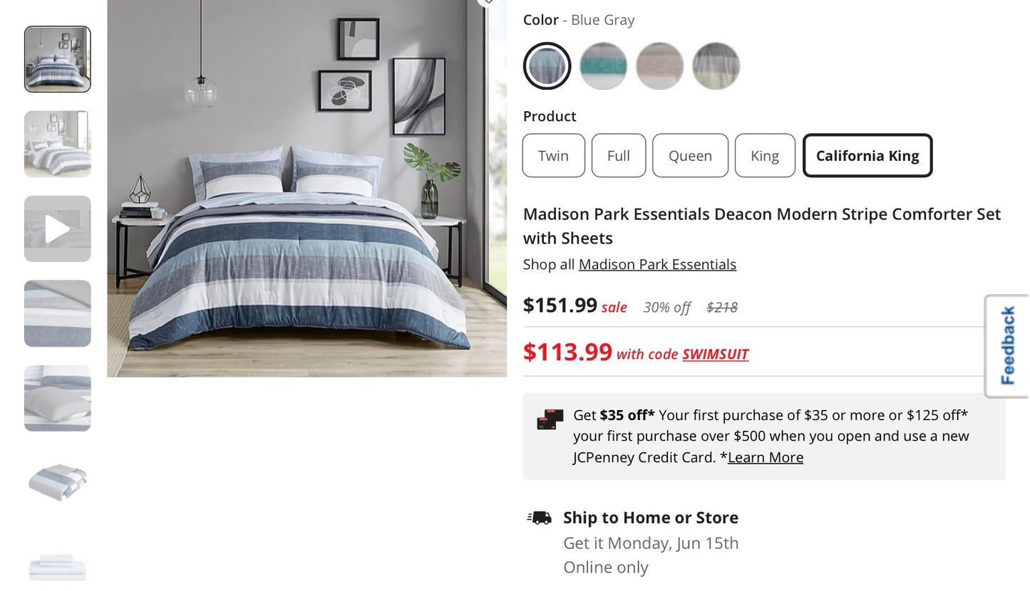 Madison Park Essentials Deacon Modern Stripe Comforter Set with Sheets Cal king