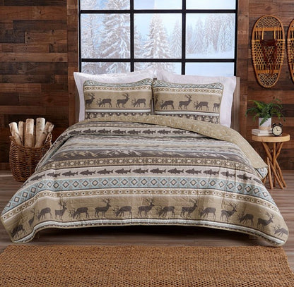 Rustic Themed 3 Pieces Quilt Set Full/Queen-Included(1 Quilt and 2 Standard Shams)-Brown