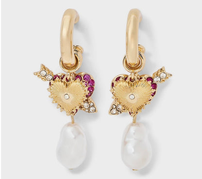 SUGARFIX by BaubleBar "Cupid's Craze" earring set, featuring gold-toned hoop earrings adorned with pink crystal hearts and faux pearl dangles(clearance)