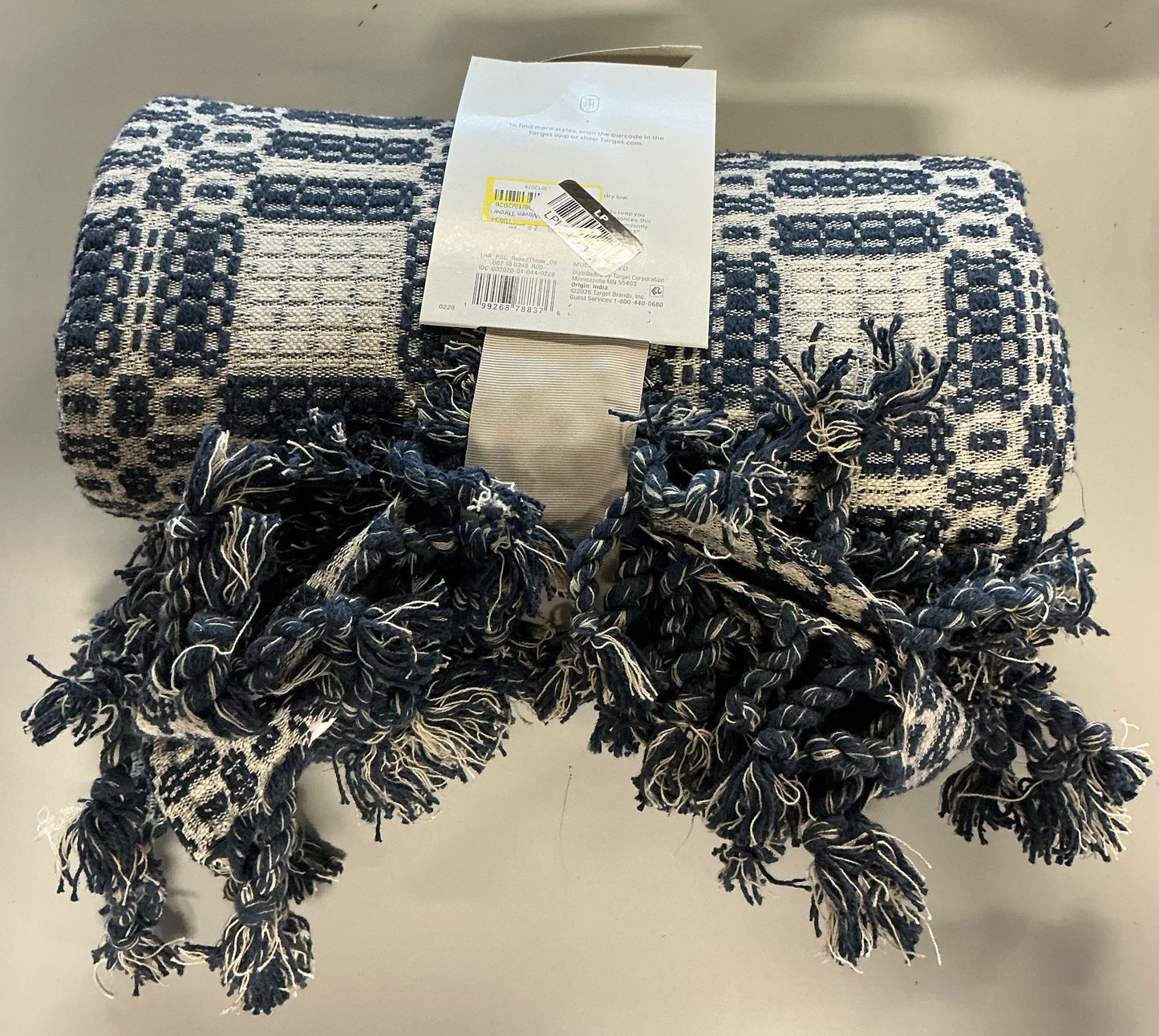 Geo woven throw with tassel fringe throw blanket - blue/neutral - 50x60”