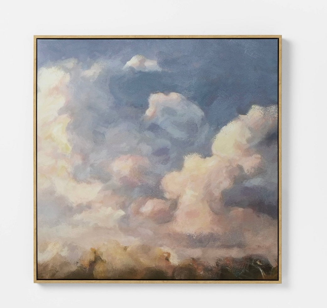 30x30” clouds framed canvas - AS IS - SOME MINOR COSMETIC FLAWS (see pictures) - WALL HOOKS ARE PUT ON THE WRONG WAY - PICK UP ONLY