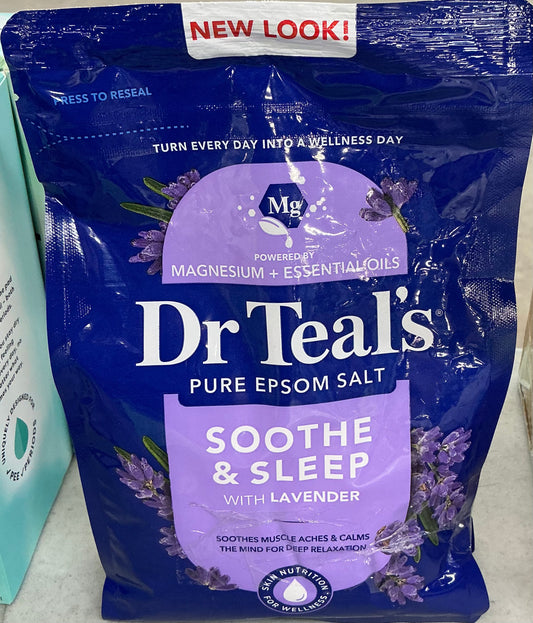 3-pound bag of Dr Teal's Soothe & Sleep Pure Epsom Salt soaking solution featuring lavender essential oils