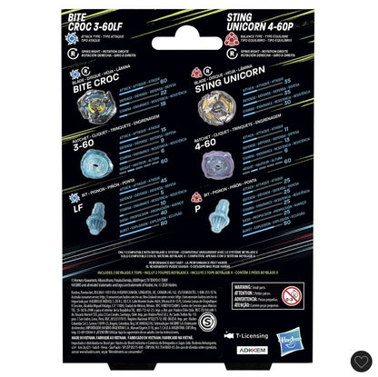 Beyblade Bite Croc 3-60LF and Sting Unicorn 4-60P battle tops