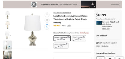 Lalia Home Paseo Table Lamp with White Fabric Shade, Mercury - Out of Box