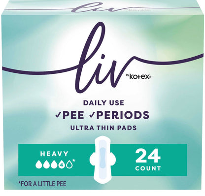24-count box of Liv by Kotex Daily Use Ultra Thin Pads designed for both pee and periods.