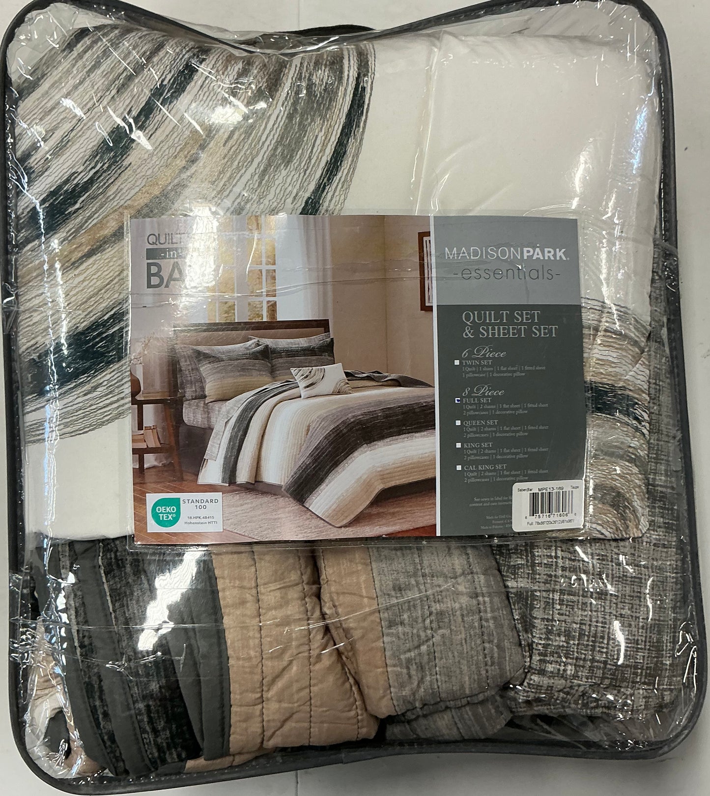 Madison Park Essentials Barret 8 Pieces Quilt Set with Cotton Bed Sheets Full-Included(1 Quilt,1 Flat Sheet,1 Fitted Sheet,2 Shams,2 Pillowcases and 1 Decorative Pillow)-Taupe