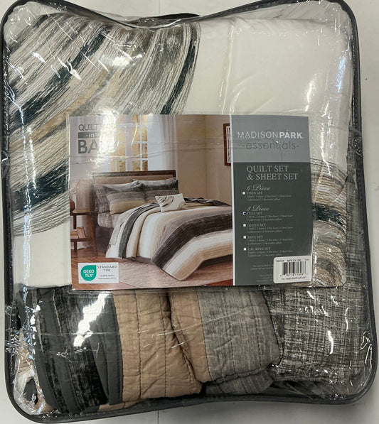 Madison Park Essentials Barret 8 Pieces Quilt Set with Cotton Bed Sheets Full-Included(1 Quilt,1 Flat Sheet,1 Fitted Sheet,2 Shams,2 Pillowcases and 1 Decorative Pillow)-Taupe