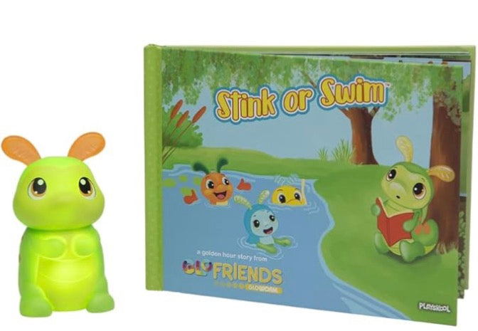 Playskool Glo Friends Storytime with Bookworm toy set including a glow-in-the-dark toy and a storybook