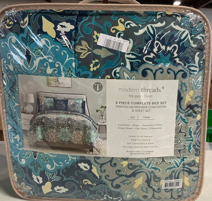 Modern Threads Granada Reversible Complete Bedding Set 6 Pieces Twin-Included(1 Comforter,1 Standard Sham,1 18”x18”Decorative Pillow,1 Flat Sheet,1 Standard Pillowcase,1 Fitted Sheet)-Blue