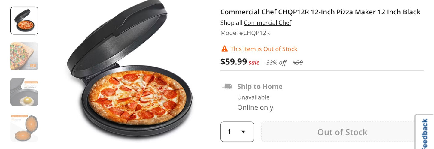 Commercial Chef CHQP12R 12-Inch Pizza Maker 12 Inch Black