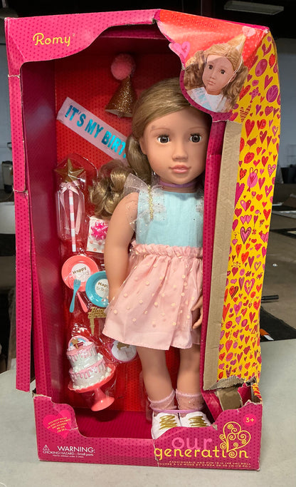 Our generation Romy 18” birthday party doll & accessories set - DAMAGED BOX - PICK UP ONLY
