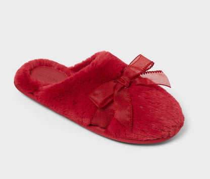 Auden women's faux fur slippers featuring a prominent sheer bow detail