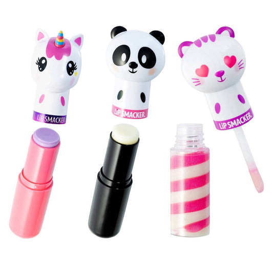 Lip Smacker 3 pieces Lippy Pals lip balms featuring Unicorn Magic, Cuddly Cream Puff Panda, and Sweet Kiwi Kitty flavors