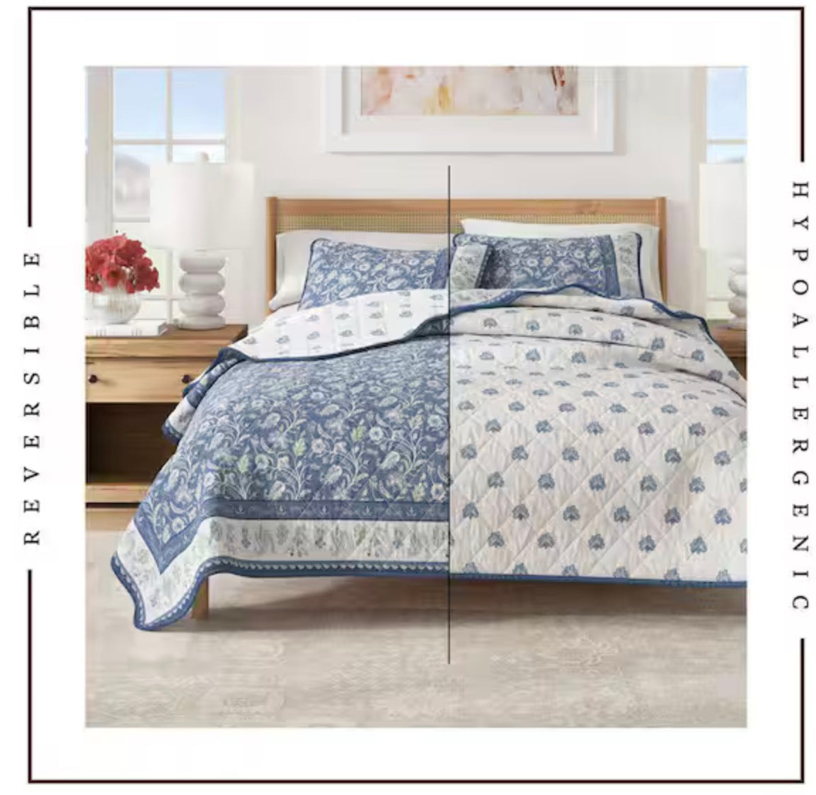 Blue Floral and Border Printed 3-Piece King Cotton Quilt Bedding Set